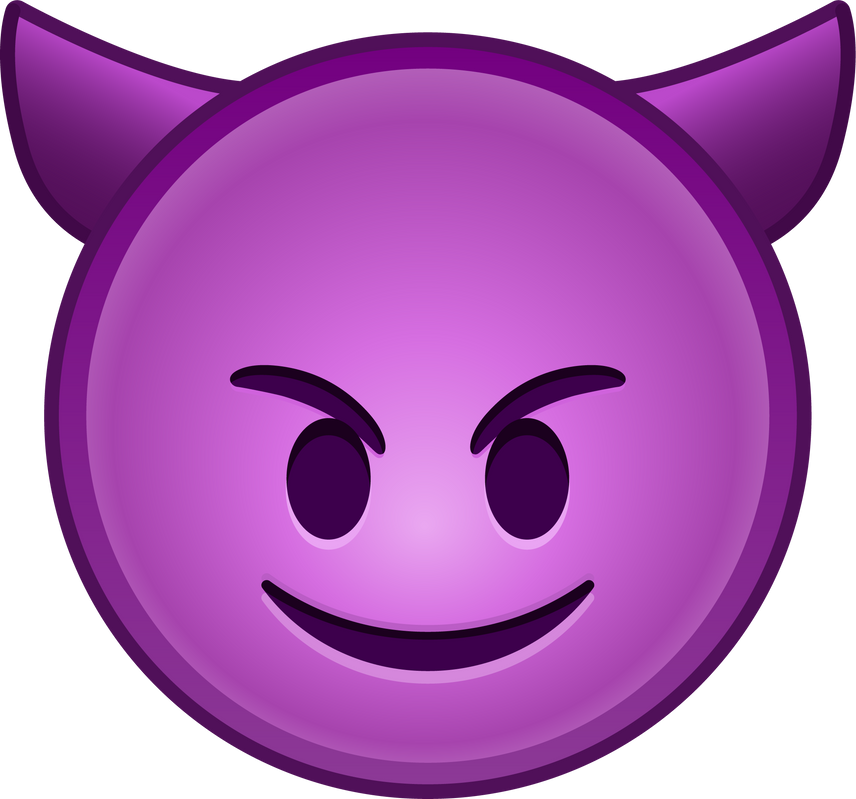 Top quality emoticon. Evil devil emoji. Happy purple emoticon with devil horns. Yellow face emoji. Popular element.